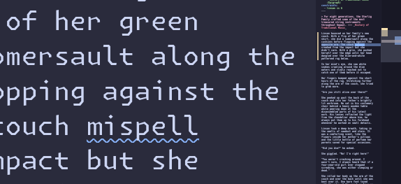 A screenshot of Code showing a spelling error lined with blue andd the corresponding marker in the minimap on the right.